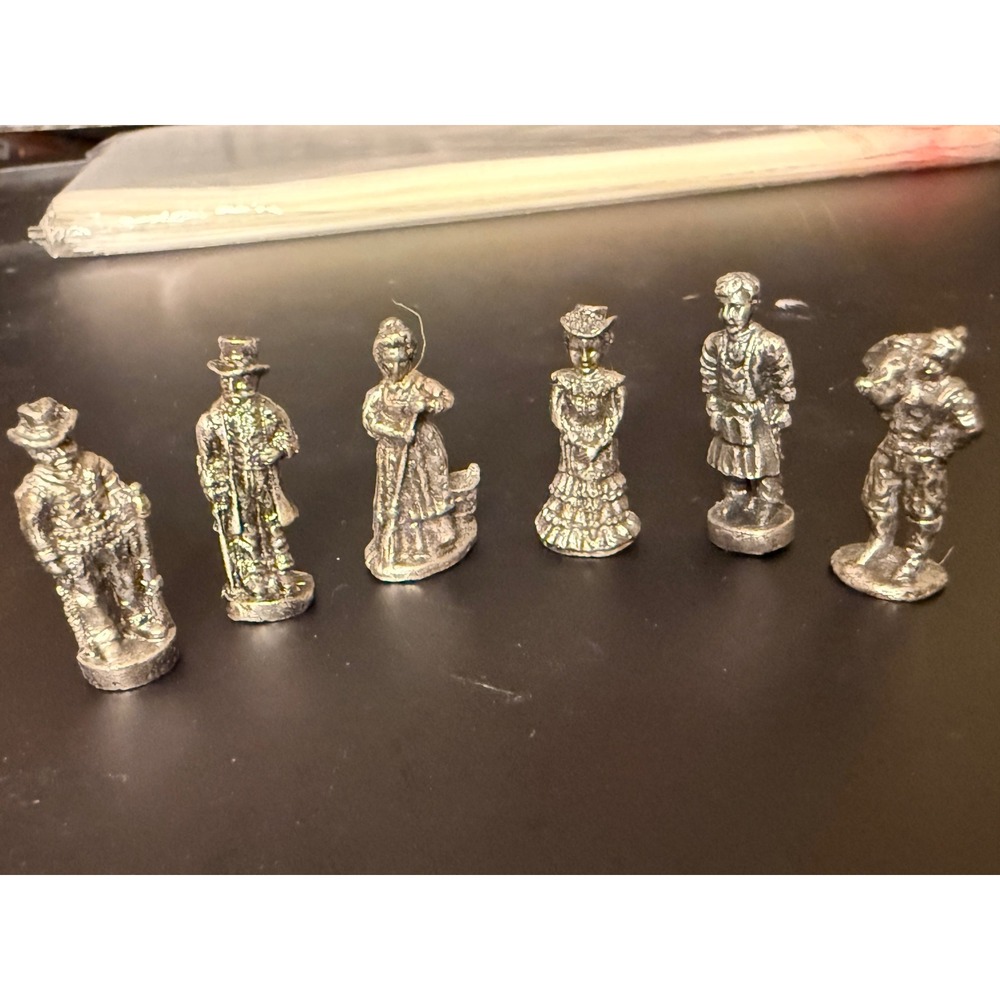 Vintage Miniature Pewter Figurine Set 6pc Victorian People Characters Silver